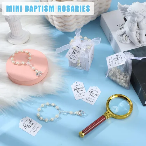 Vista 7 de Yinkin El juego de 100 rosarios de bautismo incluye 25 cuentas de rosario de bautismo con ángel, cajas de recuerdo, bolsas de organza blanca