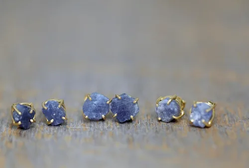 Vista 2 de Raw Blue Sapphire Gemstone Stud Earrings- Prong Setting- 14k Gold overlay on Sterling Silver- September Birthstone Birthday Gift Idea