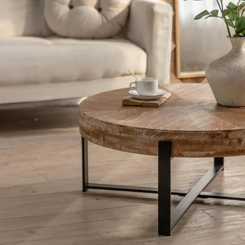 Vista 5 de Knocbel Mesa de centro redonda moderna de diseño simple con parte superior de mesa empalmada de grano de madera y base de patas cruzadas de metal