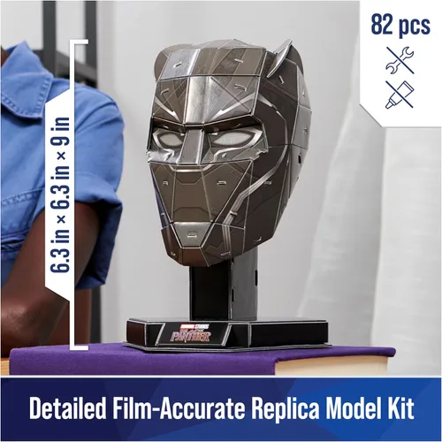 Vista 2 de 4D Build, Marvel Black Panther Kit de modelo de rompecabezas 3D con soporte, 82 piezas, decoración de escritorio Wakanda Forever Black Panther