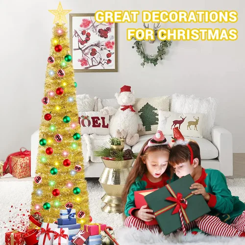 Vista 6 de HISFFOG Árbol de Navidad de Oropel Emergente Preiluminado de 5 Pies con 8 Modos de Ajuste de Luz, 50 Luces de Colores con Control Remoto, Operado