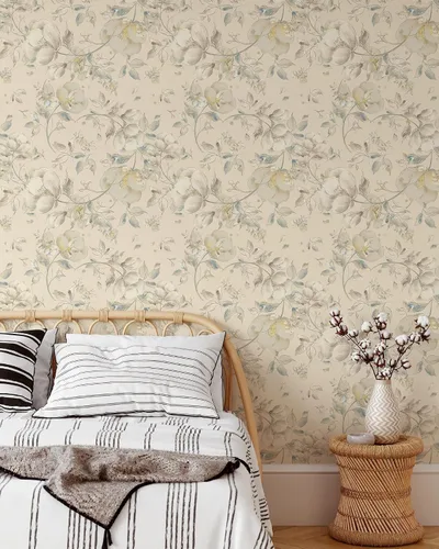 Vista 3 de Papel tapiz de dibujo floral beige Mural floral de acuarela extraíble Papel tapiz autoadhesivo floral pastel