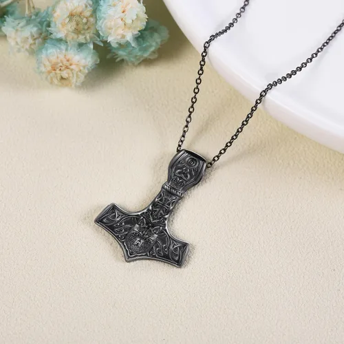 Vista 5 de URONE Thors - Collar de martillo de plata esterlina, colgante de lobo vikingo Mjolnir, joyería nórdica pagana, regalos para mujeres y hombres, Plata