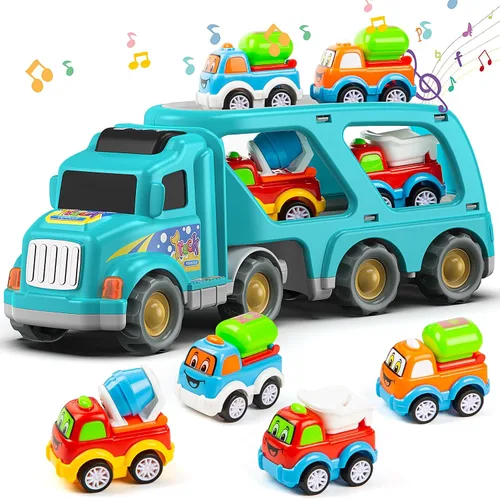 Vista 9 de Veslier Juguetes de camión de construcción 9 en 1 para edades de 3, 4, 5, 6 años, vehículos con sonidos y luces en camión transportador, juguetes