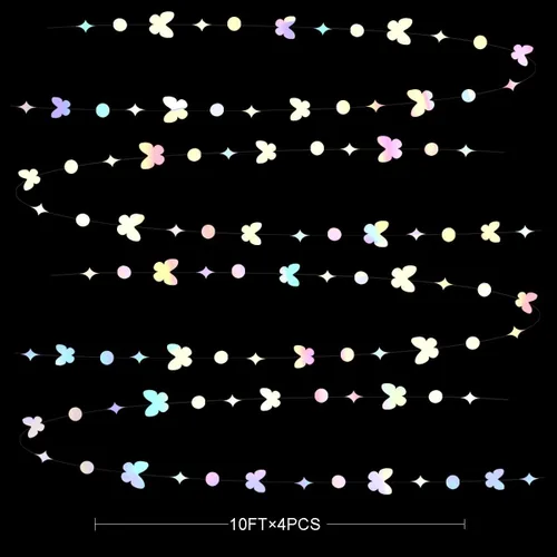 Vista 2 de Guirnalda de mariposas iridiscentes blancas de 40 pies, papel holográfico blanco para colgar, lunares, estrellas, mariposas, serpentina, pancarta