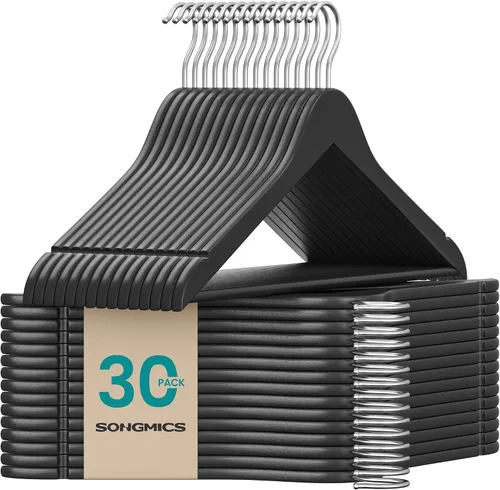 Vista 8 de SONGMICS Perchas de madera, paquete de 20, perchas para abrigos, barra para pantalones, ganchos giratorios de 360°, madera de abedul maciza, 0.3
