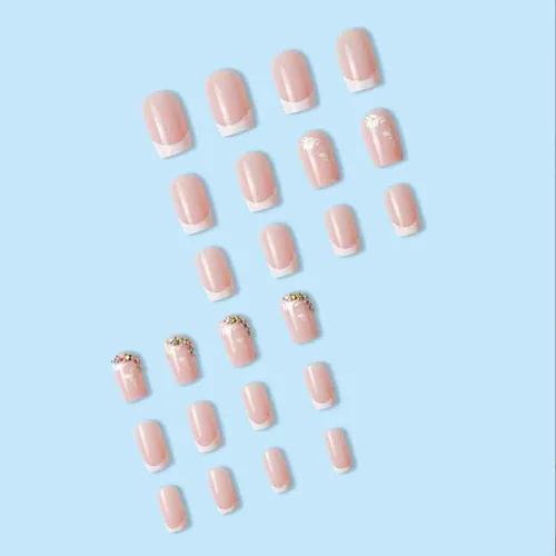 Vista 2 de Foccna Uñas postizas a presión de color rosa medianas, uñas postizas blancas brillantes, uñas postizas cuadradas acrílicas, uñas artificiales