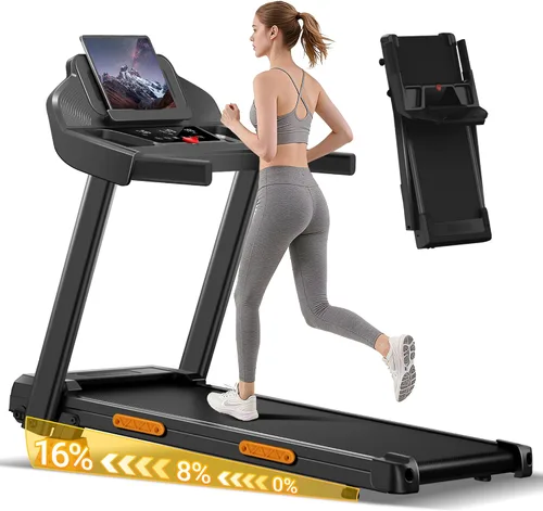 Vista 8 de Cintas de correr para el hogar con 16% de inclinación y pantalla LED, cinta de correr plegable de 7 capas que absorbe los golpes con barra de mango