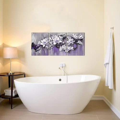 Vista 3 de FuShvre Pinturas de flores moradas en lienzo para pared, imágenes de magnolia, decoración de pared floral púrpura y gris para decoración de pared