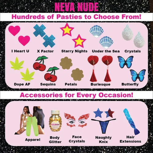 Vista 8 de Neva Nude Crystal Nipztix - Fundas para pezones para festivales, raves, adhesivo de grado médico, impermeable, fabricadas en Estados Unidos