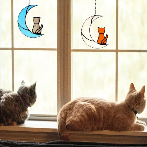 Vista 5 de Decoración de gato atigrado gris en luna azul para colgar en la ventana, regalo conmemorativo para los amantes de los gatos, adorno para mascotas