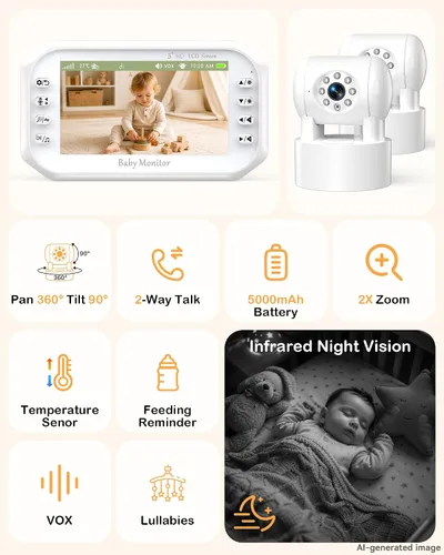 Vista 9 de 1080P Baby Monitor with 2 Cameras: HD Day & Night See 2 Kids' Faces Clearly