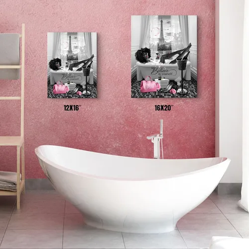 Vista 6 de Arte de pared afroamericano para decoración de baño, arte de pared de niña negra en la bañera, impresiones de lienzo moderno rosa decoración