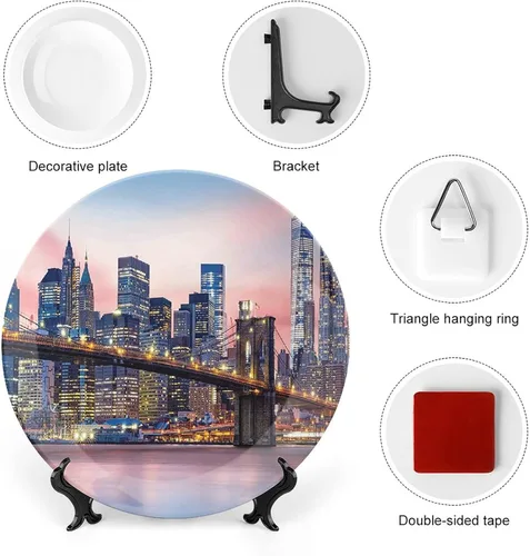 Vista 3 de XISUNYA Plato decorativo de 6 pulgadas, artesanía de cerámica de Nueva York, puente de Brooklyn y el horizonte de Manhattan bajo el amanecer rosa