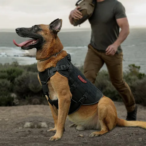 Vista 5 de Arnés táctico para perro, arnés antitirones para perro, chaleco militar con clips metálicos ajustables, arnés reflectante para caminar y senderismo
