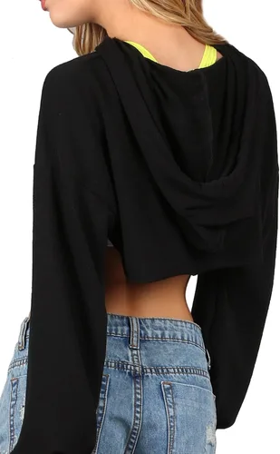 Vista 2 de SweatyRocks - Suéter corto con capucha para mujer, de manga larga, color negro