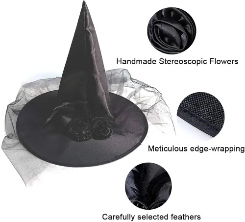 Vista 3 de Sombrero de bruja negro de Halloween con flor de rosa negra y plumas gorra de bruja de Halloween accesorio para adultos y mujeres fiesta de Halloween