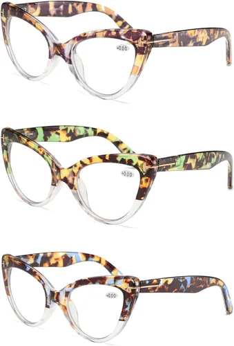 Vista 3 de Viseng Juego de 3 elegantes gafas de lectura con forma de ojo de gato para mujer con protección contra la luz azul (+0.0)