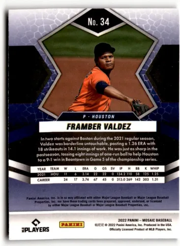 Vista 2 de 2022 Panini Mosaic #34 Framber Valdez Houston Astros Baseball Trading Card