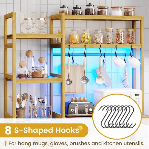 Vista 5 de Estante para panaderos con toma de corriente, barra de café, estantes de cocina de 10 niveles con 8 ganchos, soporte para microondas, estante