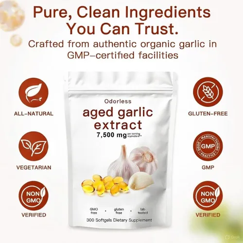 Vista 4 de Extracto de ajo envejecido, 300 cápsulas blandas, suplemento de ajo orgánico inodoro, madurado por 2 años, vegetariano, sin OMG, totalmente natural