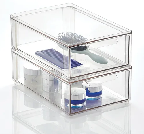 Vista 8 de mDesign Lumiere Collection - Organizador apilable de plástico con cajón extraíble para gabinete, tocador, estante, armario, armario u organización