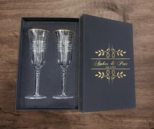 Vista 34 de Juego de 2 copas de champán personalizadas para boda grabadas con caja - Bride & Groom's Wedding Toast