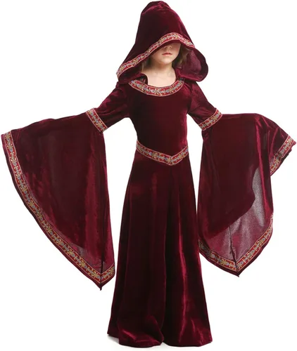 Vista 3 de AwwwCos Disfraz de Halloween para cosplay de princesa retro con mangas de trompeta, vestido medieval de bruja vampiro con capucha