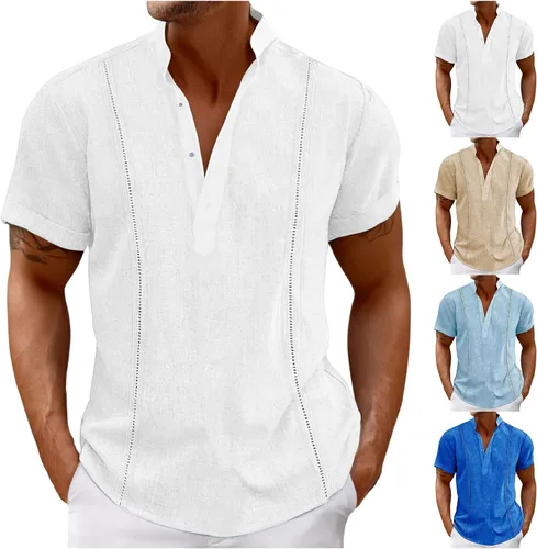 Vista 3 de Camisa de guayabera cubana para hombre, camisa polo de manga corta para hombre, con botones, color liso, camiseta transpirable para playa y verano