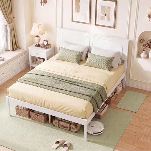 Vista 14 de GIANTEX Marco de cama de madera individual con cabecero, plataforma moderna de mediados de siglo con soporte de listones de madera, base de colchón