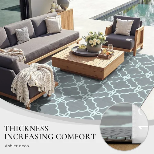 Vista 6 de Ashler - Alfombra de paja de plástico para exteriores, 5 x 8, reversible, color azul pálido, diseño moderno con flores para caravana, patio trasero