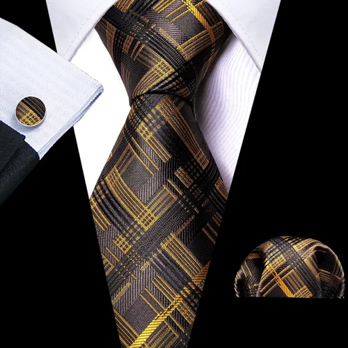 Vista 133 de Barry.Wang Juego de corbatas a cuadros para hombre con pañuelo gemelos de rayas clásicas