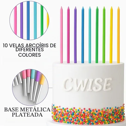 Vista 2 de Cwise Velas de cumpleaños arcoíris de 100 unidades, velas largas y delgadas en espiral, 10 colores pastel, base plateada elegante, paquete a granel