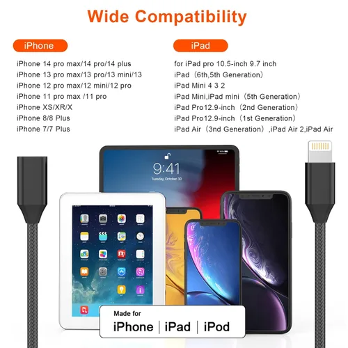 Vista 6 de Cable de extensión de cargador para iPhone, [certificado Apple MFi] Cable de nailon trenzado Lightning Extender Dock Cable macho a hembra adaptador