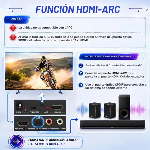 Vista 6 de J-Tech Digital Convertidor extractor de audio HDMI 4K 60Hz con óptica SPDIF, 3 modos de audio EDID, paso HDCP y soporte de sistema AV heredado