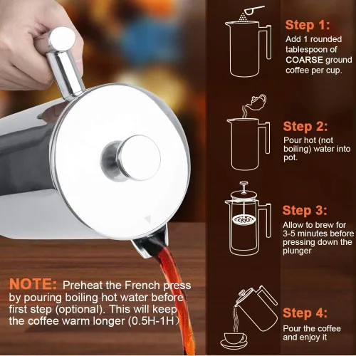 Vista 3 de Secura - Cafetera de prensa francesa de acero inoxidable 304 con 2 filtros adicionales