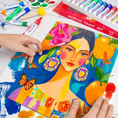 Vista 7 de AUREUO Kit de pintura acrílica, tubos de pintura acrílica de 12 colores, 9 x 12 pulgadas, paquete de 2 paneles de lienzo, 5 pinceles, paleta