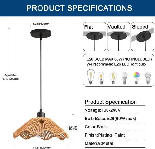 Vista 7 de 3 Pack Brown Woven Pendant Light Fixtures,11.81" Rattan Pendant Lights Farmhouse Basket Light Fixture Adjustable Boho Hanging Lamp for Kitchen