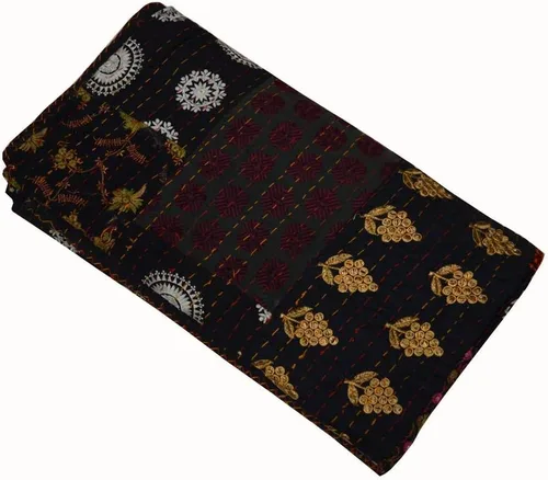 Vista 4 de Colcha Kantha de algodón Queen Khambadiya hecha a mano Kantha, colcha para cama, color negro, 90 x 108 pulgadas