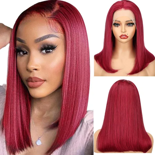 Vista 22 de Peluca de cabello humano lacio marrón con reflejos de 13 x 4, peluca frontal de encaje transparente #4, peluca corta Bob para mujeres negras