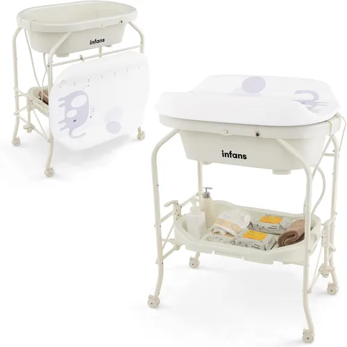 Vista 11 de INFANS Mesa cambiadora de bebé 2 en 1 con unidad de bañera, estación cambiadora de pañales plegable con ruedas, almohadilla impermeable, estante