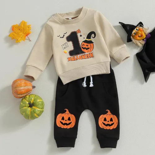 Vista 3 de My First Halloween - Conjunto de sudadera con cuello redondo y pantalones con estampado de calabaza, conjunto de 2 piezas para otoño