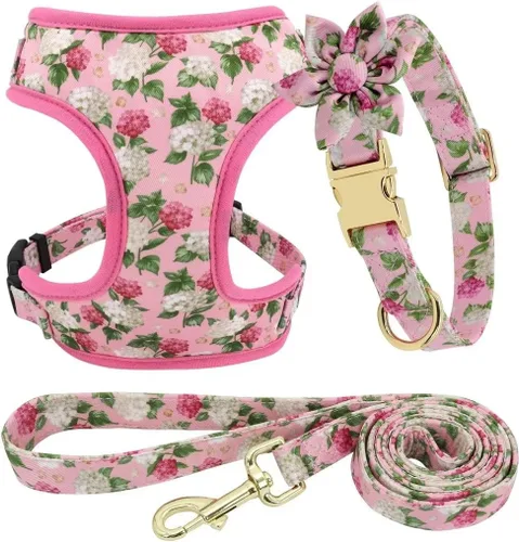 Vista 10 de Beirui Lindo juego de collares, arneses y correas para perro hembra, juego de collar y correa ajustable con flor - Arnés de malla suave para Azul