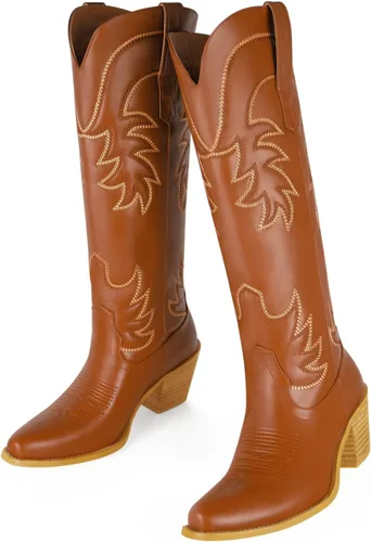Vista 5 de Botas vaqueras bordadas para mujer, botas vaqueras de media pantorrilla, punta puntiaguda, tacón grueso, 2.0 in, diseño de moda, botas occidentales
