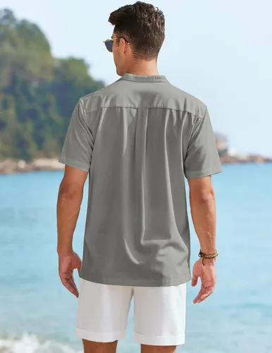 Vista 2 de COOFANDY Mens Short Sleeve Cuban Guayabera Shirt Casual Band Collar Button Down Shirts