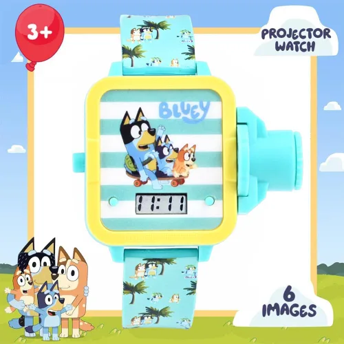 Vista 3 de Accutime Bluey - Reloj de proyector digital para niños con 6 diapositivas de imagen, correa de personaje ajustable, pantalla LCD digital, botón