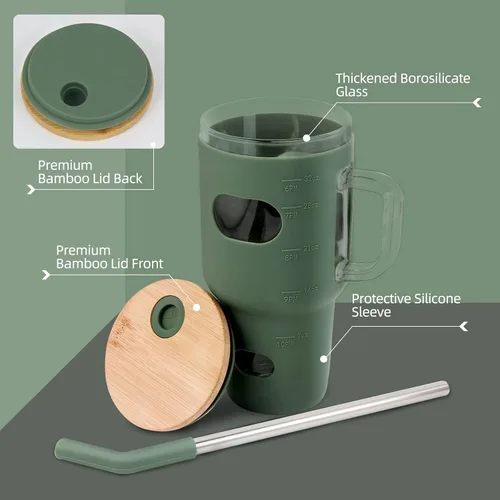 Vista 2 de Vaso de vidrio de 32 onzas – Vaso con tapa de bambú y popote – Vaso de café reutilizable con funda de silicona, vaso para batidos Boba – sin BPA