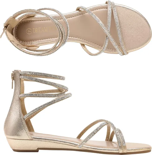 Vista 2 de DREAM PAIRS - Sandalias de cuña baja para mujer, con correa al tobillo y diamantes de imitación