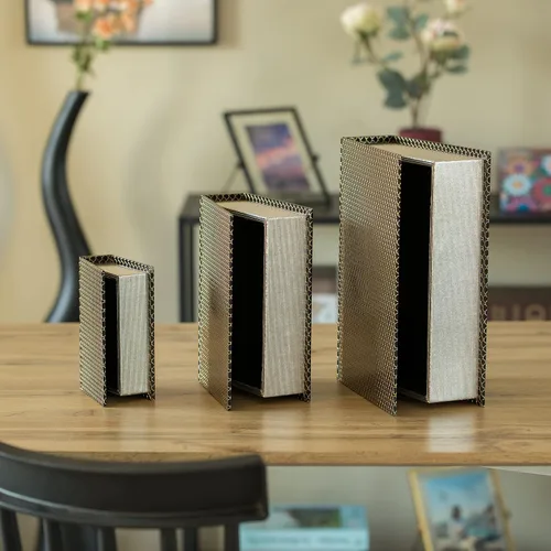 Vista 5 de Juego de 3 cajas decorativas de terciopelo de madera antigua clásica para libros Negro
