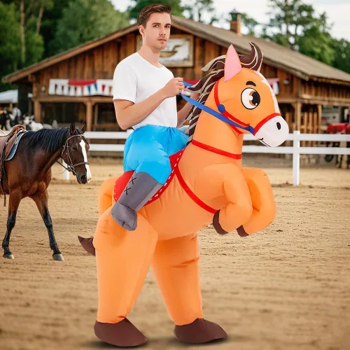 Vista 3 de KOOY Disfraz inflable de caballo para adultos, disfraz de caballo de vaquero, divertido traje de caballo para hombres y mujeres, fiesta de Halloween
